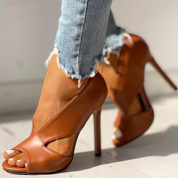 Solid Peep Toe Cut Out PU Thin Heels Pairmore
