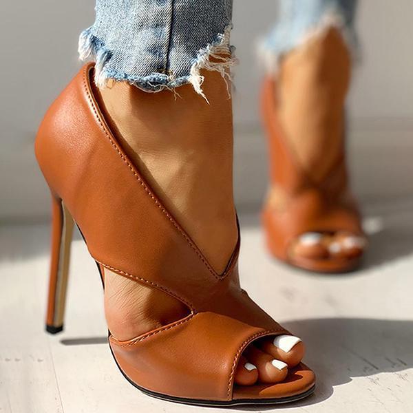 Solid Peep Toe Cut Out PU Thin Heels Pairmore
