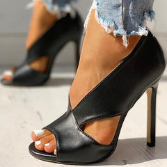 Solid Peep Toe Cut Out PU Thin Heels Pairmore