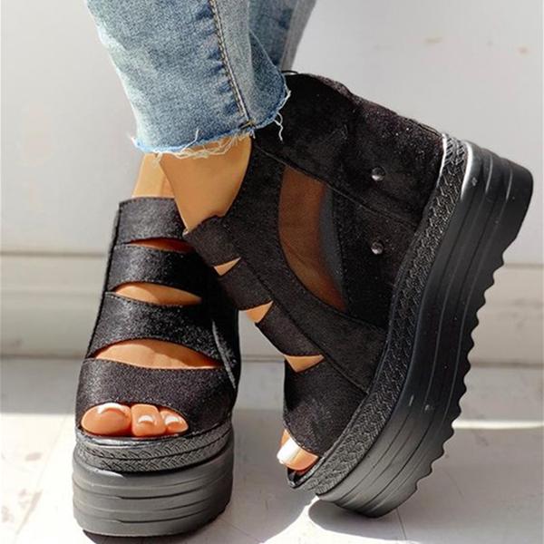 Side Zipper Peep Toe Patchwork Platform Sandals Pairmore