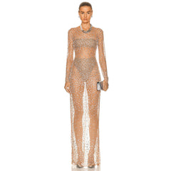 Round Neck Long Sleeve Rhinestone Maxi Bodycon Dress