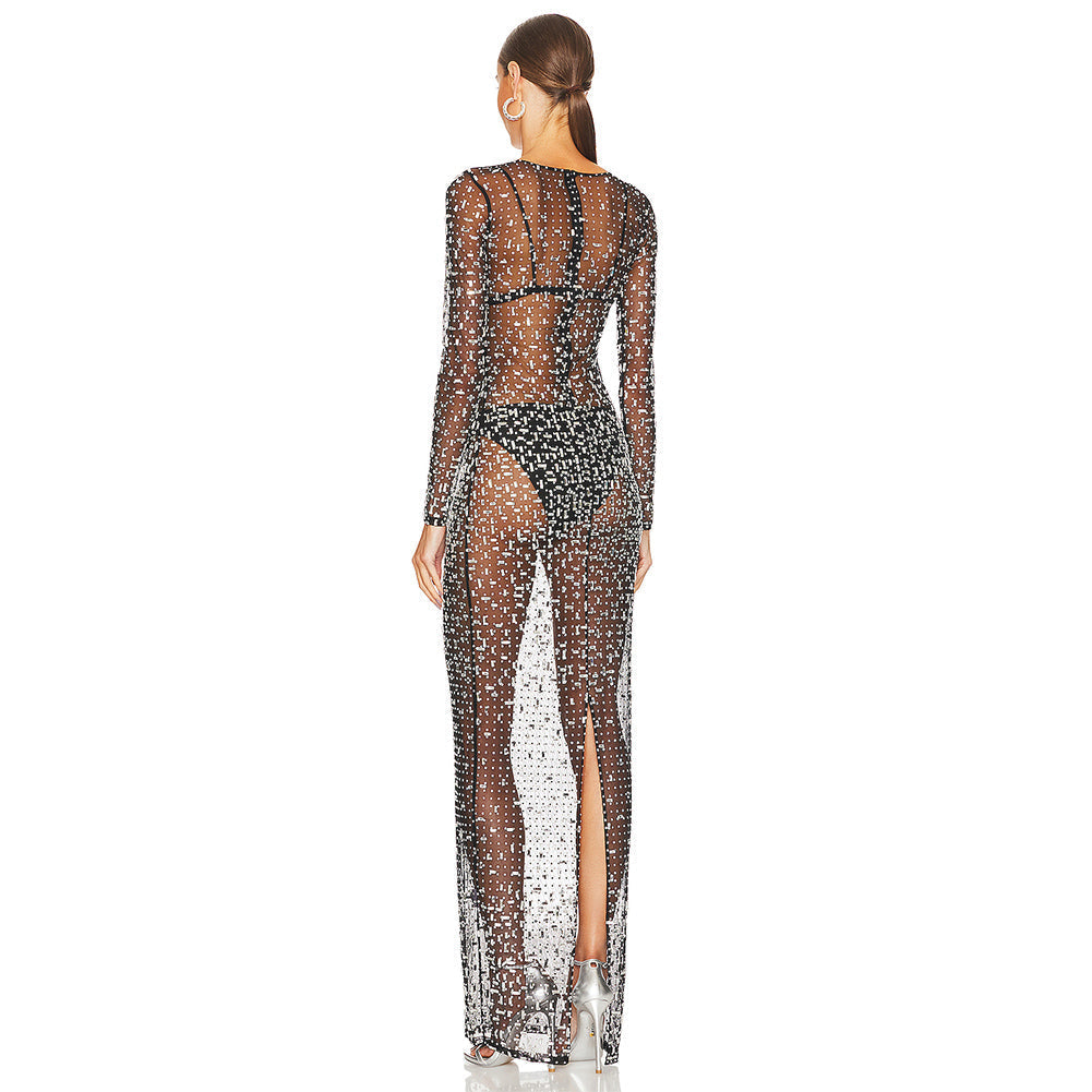 Round Neck Long Sleeve Rhinestone Maxi Bodycon Dress