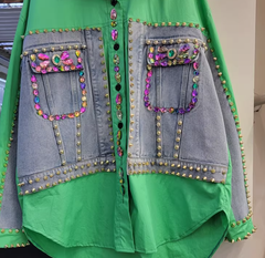 DIY Green Peter Pan Collar False Two Pieces Patchwork Denim Tops Long Sleeve