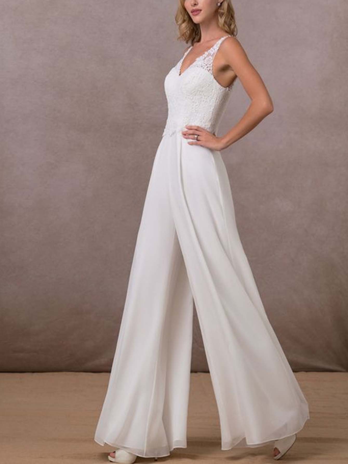 Lace Chiffon V-neck mid-waist wide leg pants jumpsuit