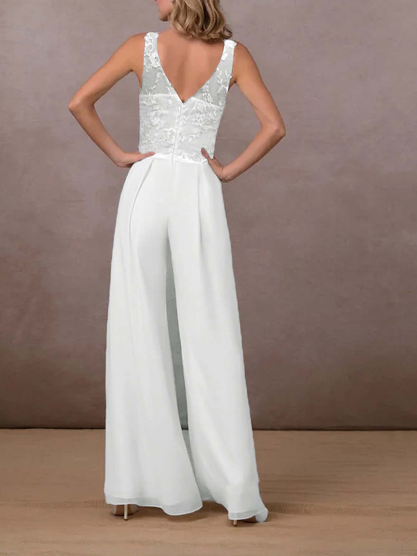 Lace Chiffon V-neck mid-waist wide leg pants jumpsuit Sai Feel