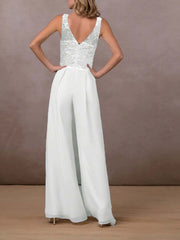 Lace Chiffon V-neck mid-waist wide leg pants jumpsuit Sai Feel