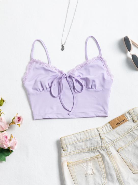 Lace Trim Tie Front Cami Crop Top Sai Feel