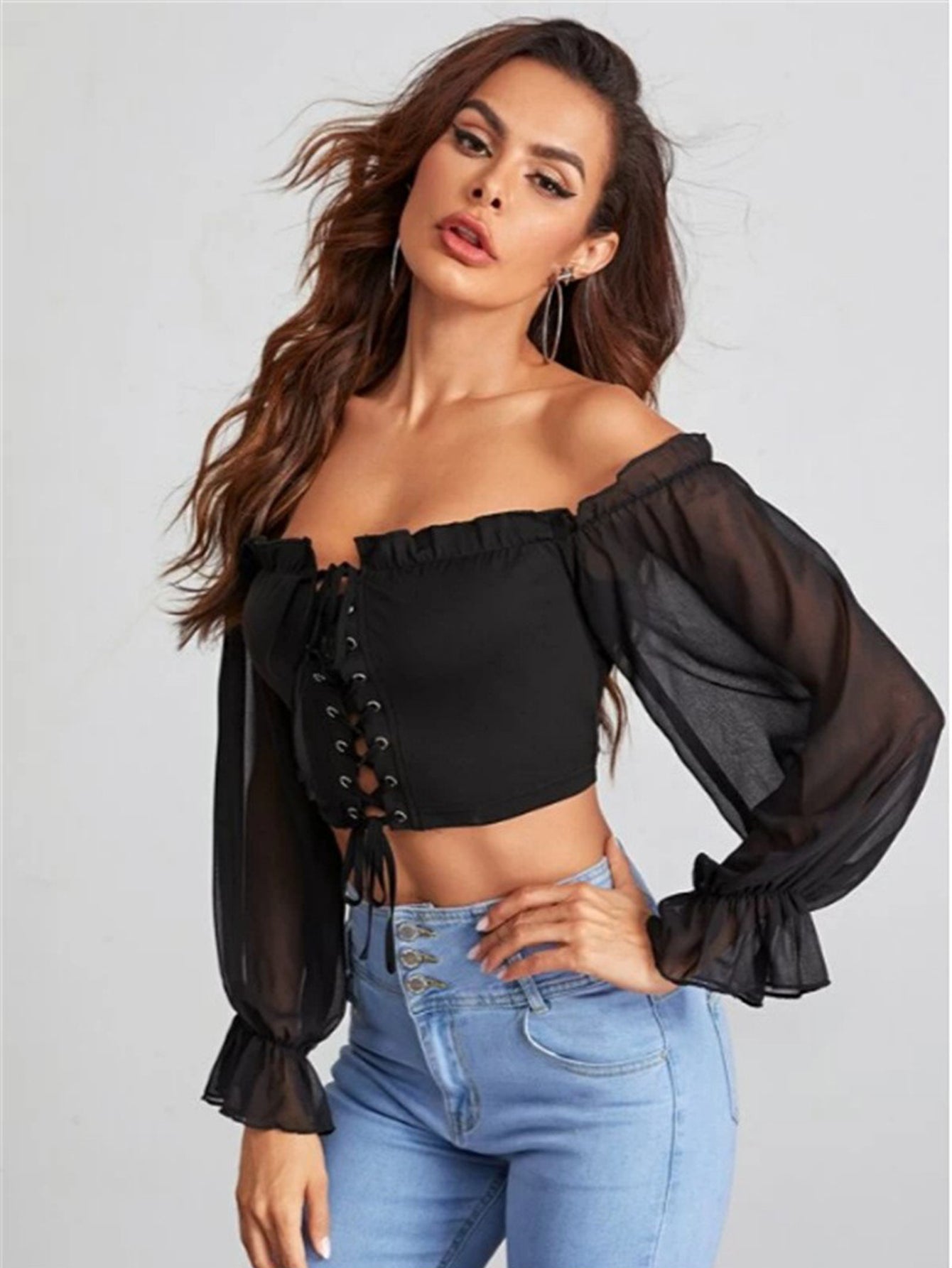 Lace Up Off Shoulder Crop Blouse