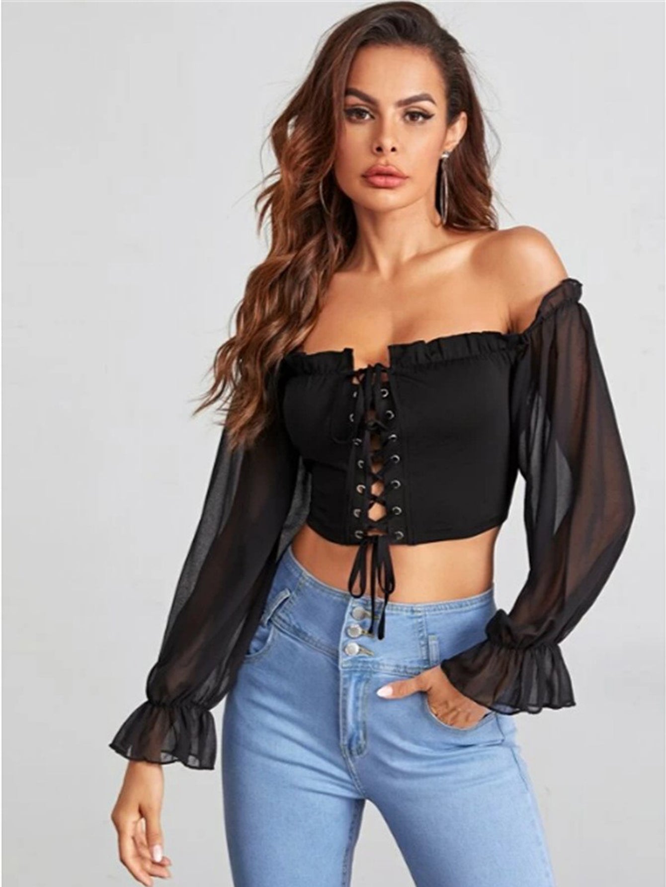 Lace Up Off Shoulder Crop Blouse Sai Feel