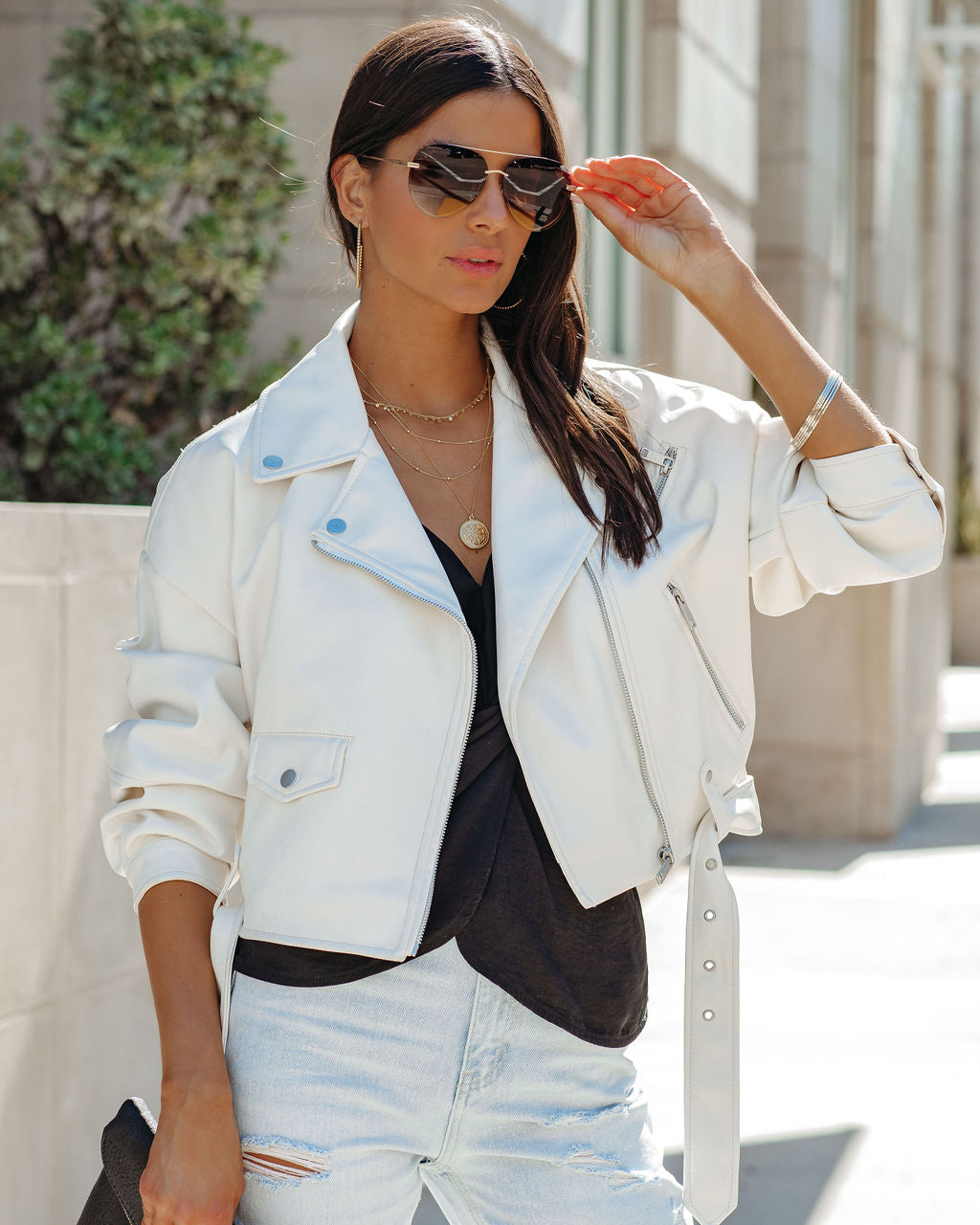 Lucia Pocketed Faux Leather Crop Moto Jacket - Off White