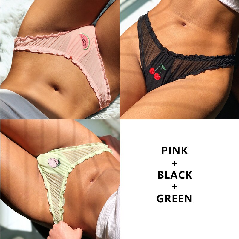 3Pcs/Lot Lace Lingerie Temptation Low-waist Panties Fruit Ins Embroidery Transparent Briefs Seamless Underwear