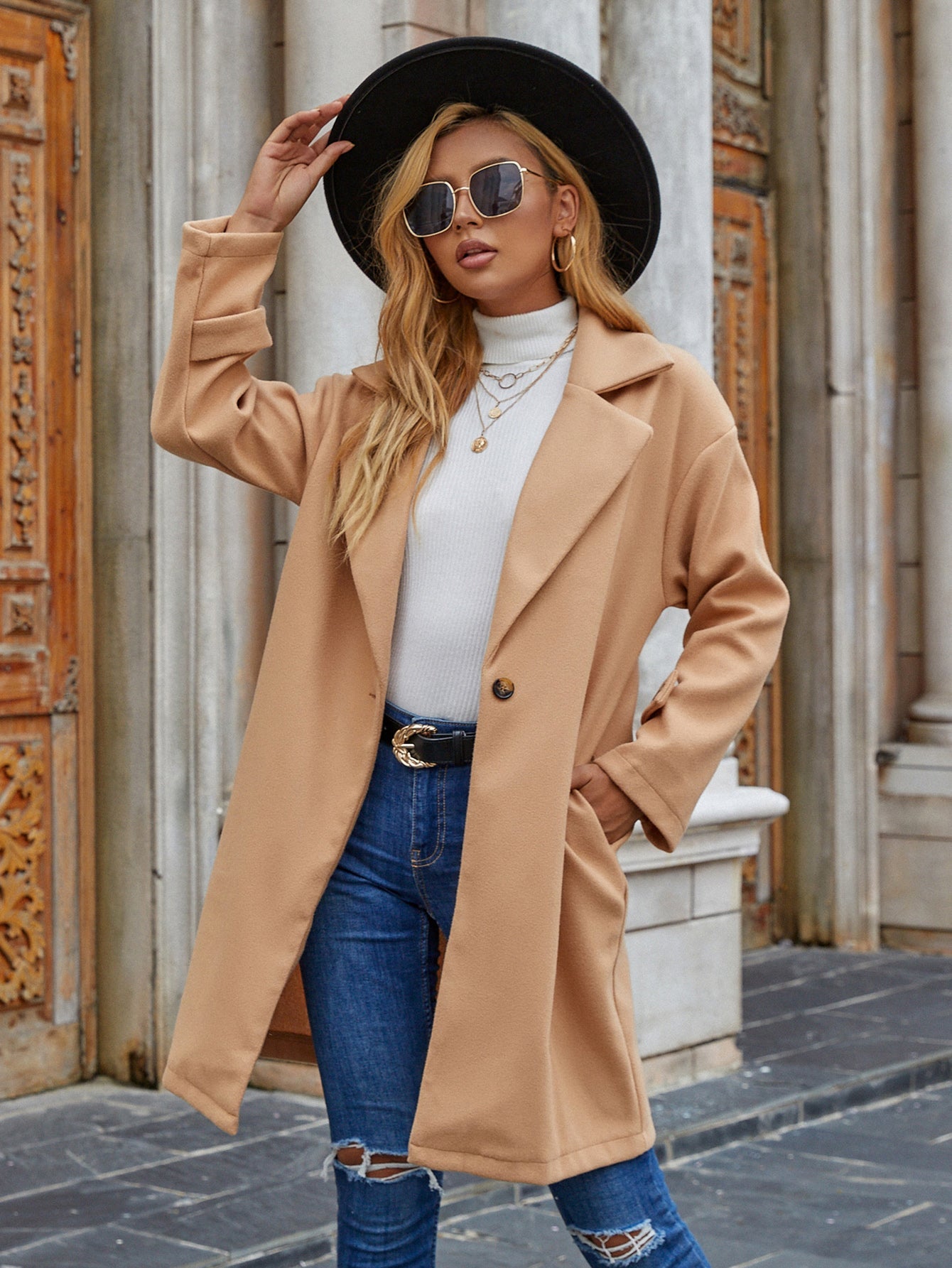 Mid-length khaki one-button long-sleeved coat