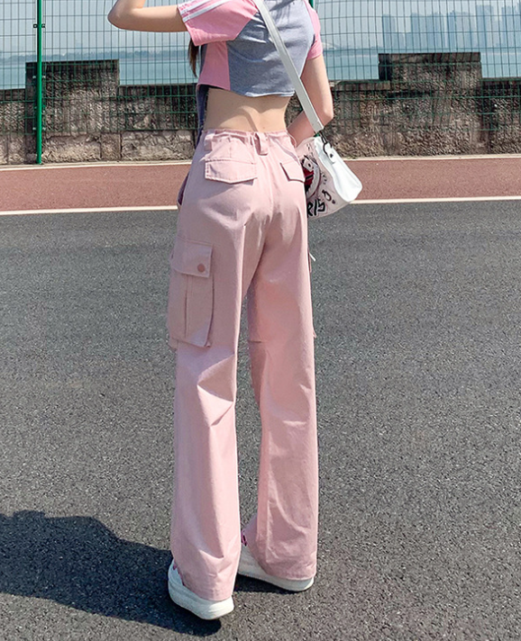 Ruched Pink Straight Leg Cargo Pants