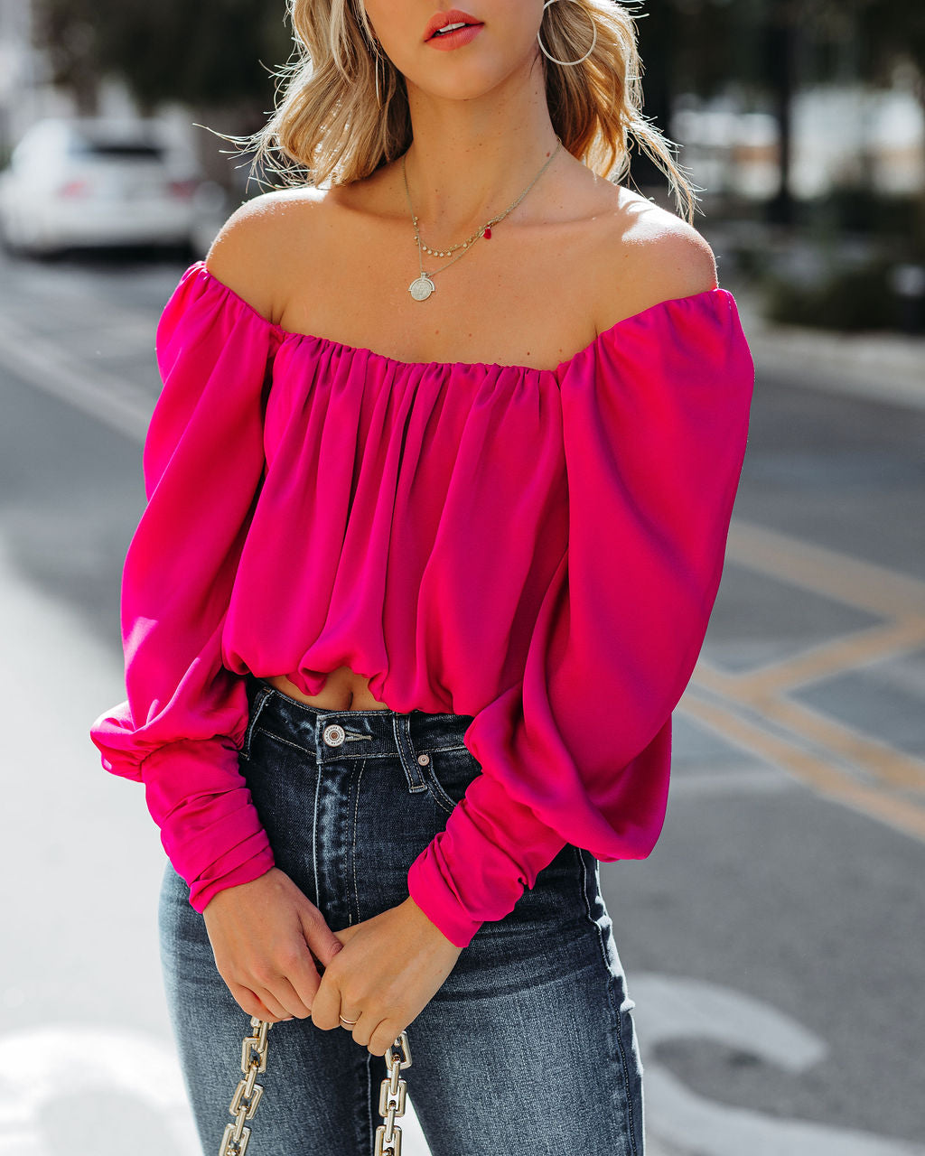 Negin Satin Billowed Crop Blouse - Magenta