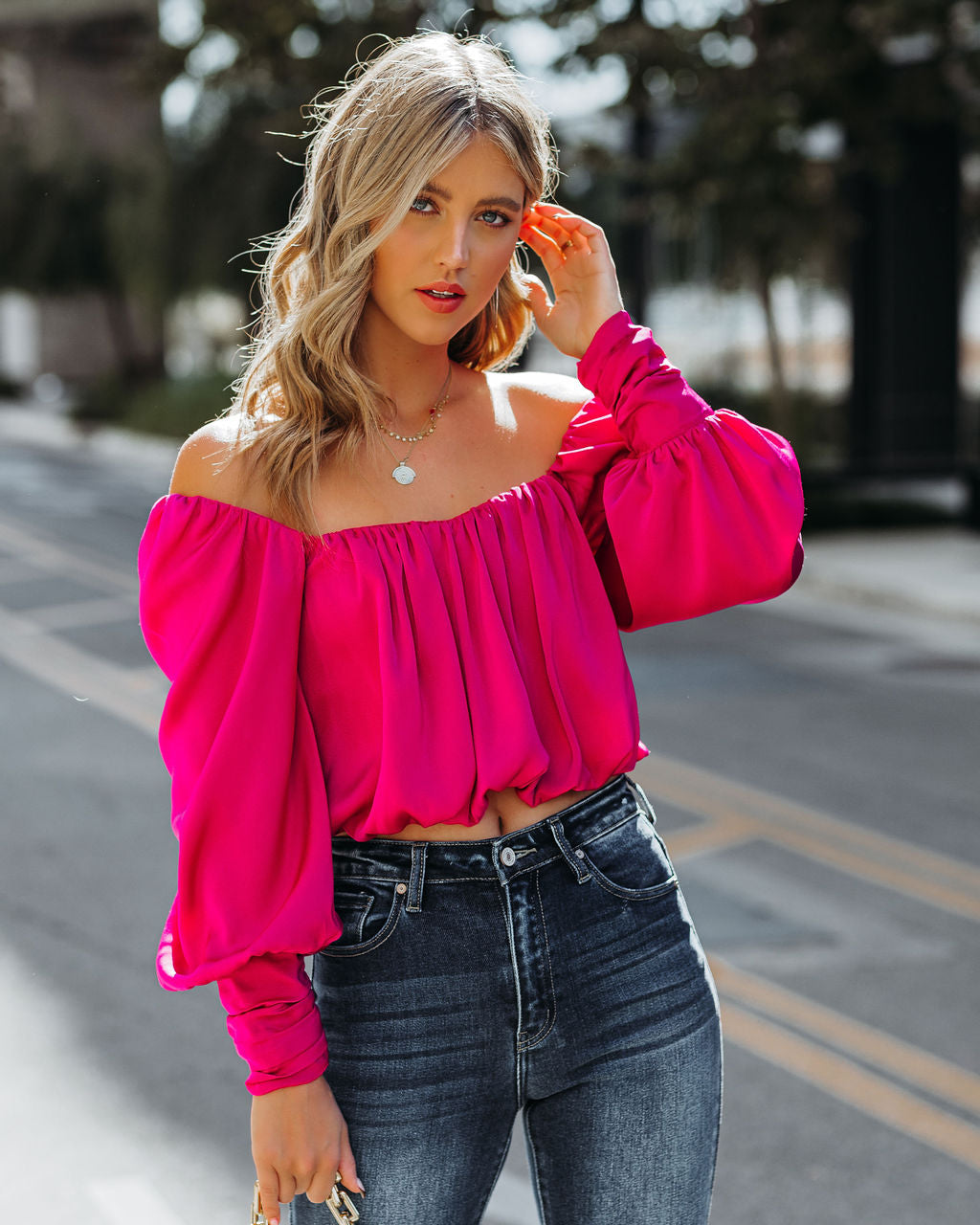 Negin Satin Billowed Crop Blouse - Magenta