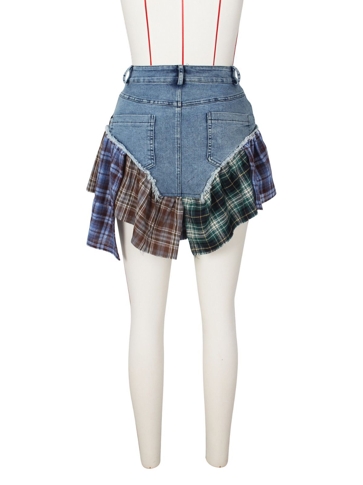 Denim Patchwork Plaid Shorts