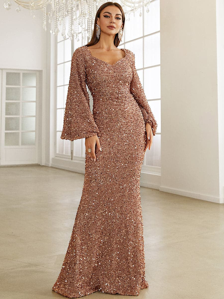 Sequined Long Sleeve Deep V Neck Elegant Slim Fit Evening Dress