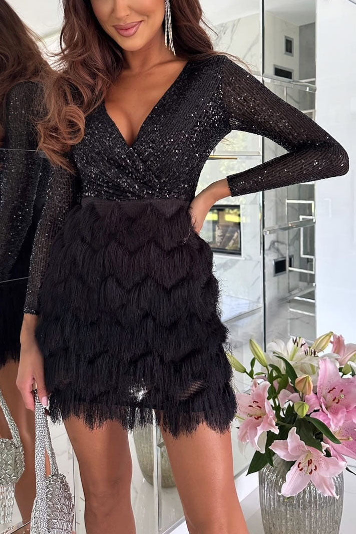 Deep V long-sleeved sequined plush patchwork dress