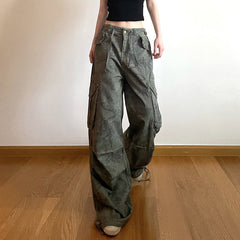 Printed Loose Casual Straight Low Rise Cargo Trousers