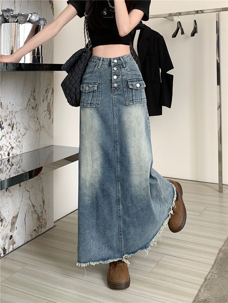 Vintage sanded long denim skirt