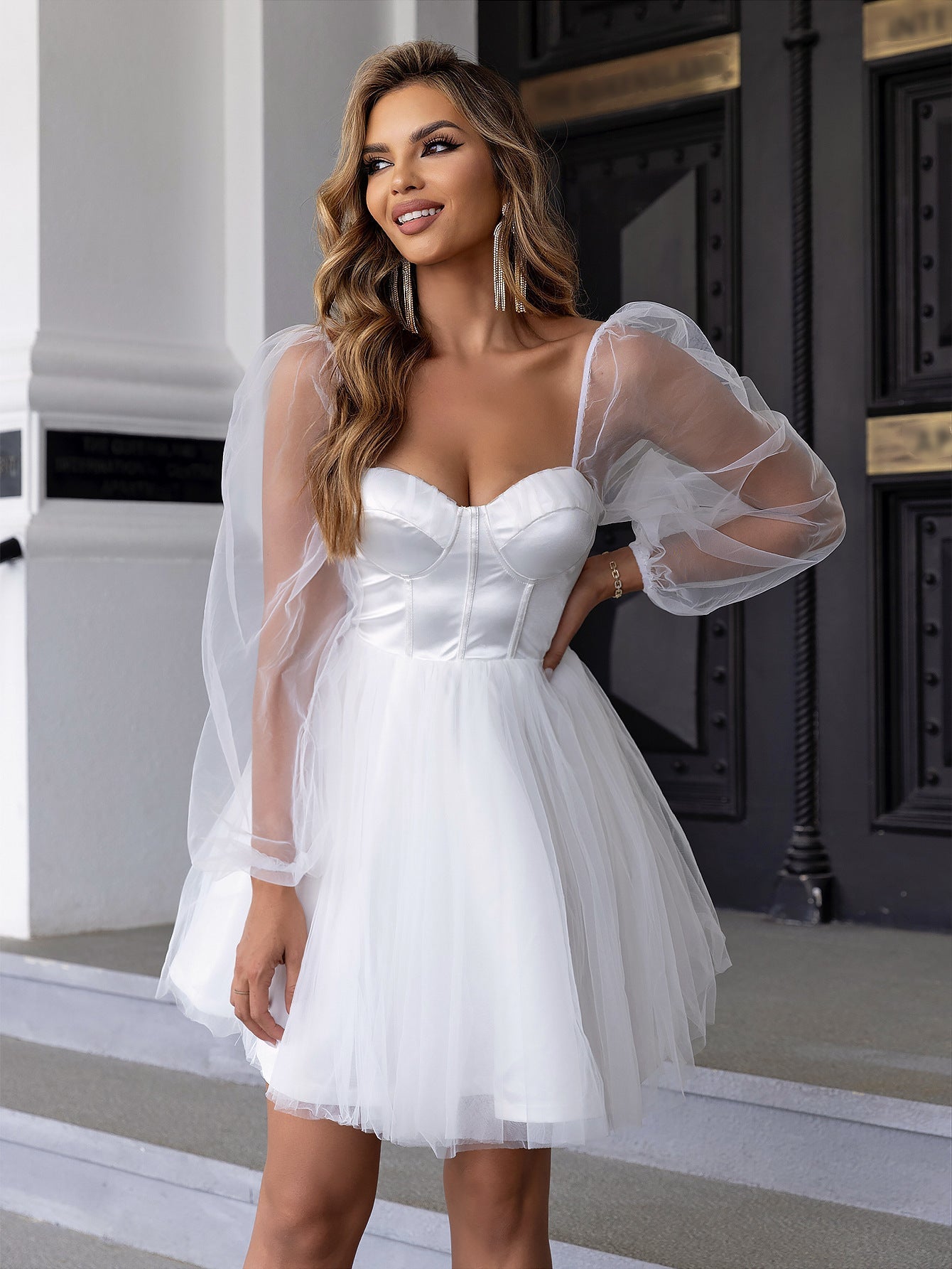 Sweetheart Neck Lantern Sleeve Mesh Overlay Bustier Dress