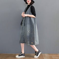 Elegantes blaues Patchwork-Maxi-Slip-Kleid aus Denim mit V-Ausschnitt und Ärmeln