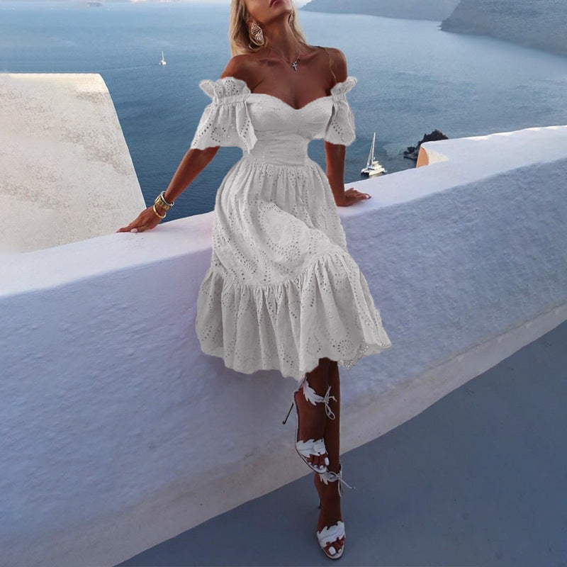 Srping fashion off shoulder off shoulder lace dress women's dress Hip Wrap Ruffle Dress Fall party dress Ins Street