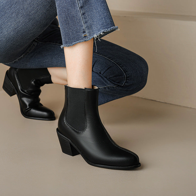 Chunky Heel Square Toe Short Boots