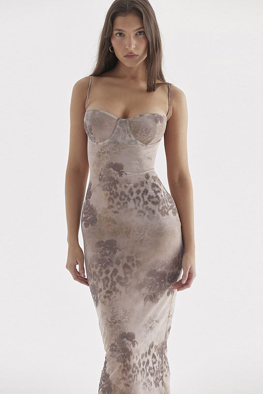 Sweetheart Bodycon Lace Mesh Sleeveless Printed Maxi Dress - Floral