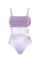 Lilac Pearl Strap Cutout Shiny Texture One Piece Swimsuit