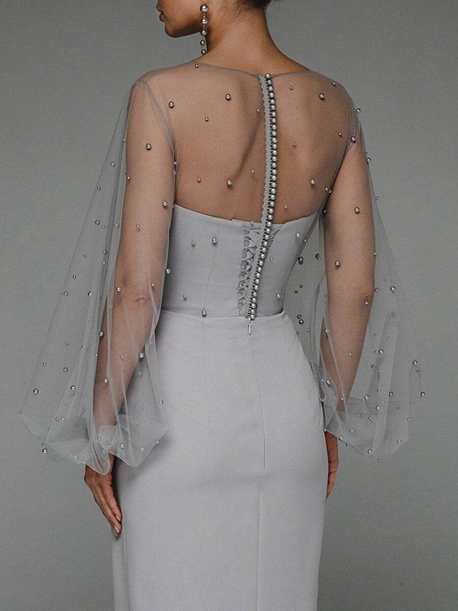 Strapless Puff Sleeves Shiny Glitter Wedding Dress
