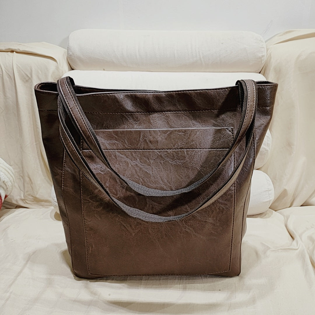 soft leather  with pocket retro oil wax leather large capacity  tote bag