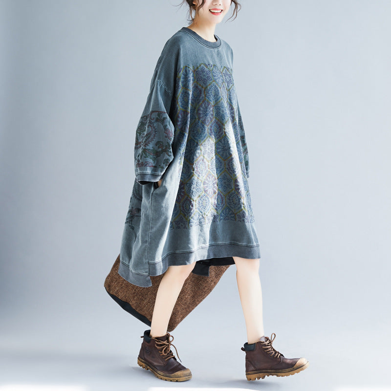 Crew Neck Printed Sweatshirt Dress