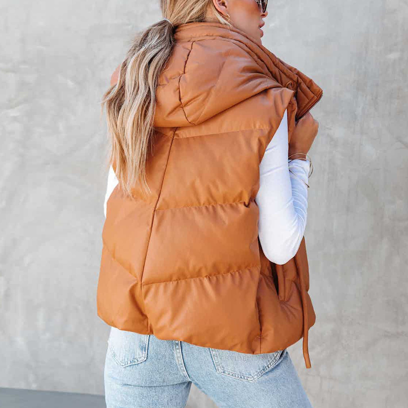 Adler Pocketed Hooded Faux Leather Puffer Vest - Camel