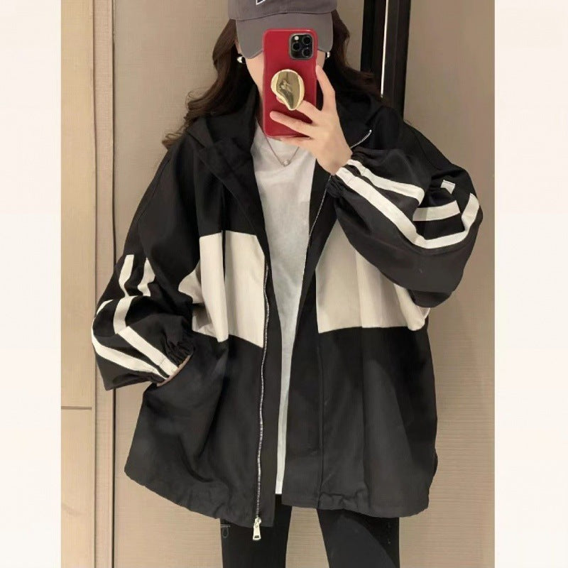 Blue Side Stripes Oversized Zipper Hooded Sweatshirt