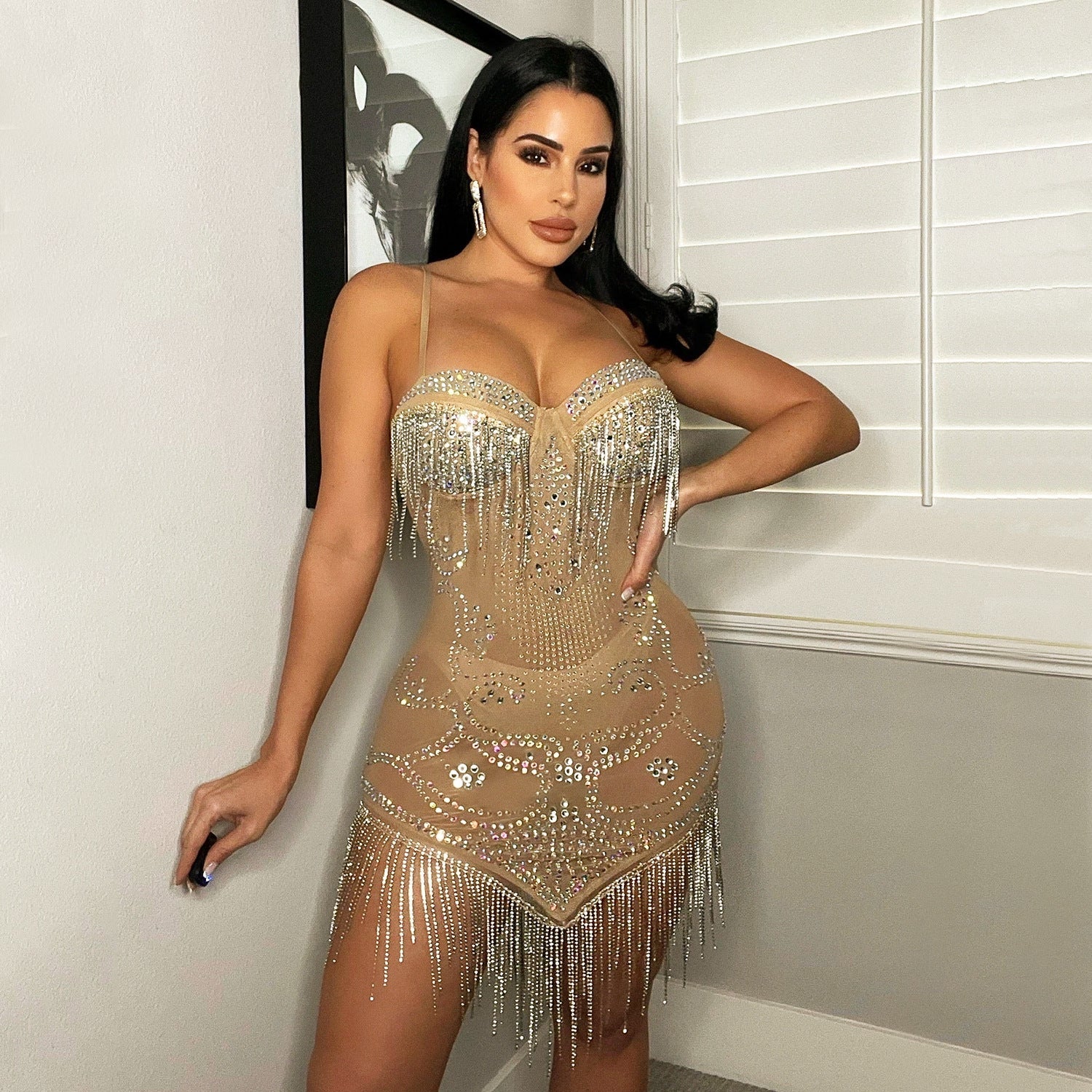Strappy Sleeveless Mini Tassels Bodycon Dress