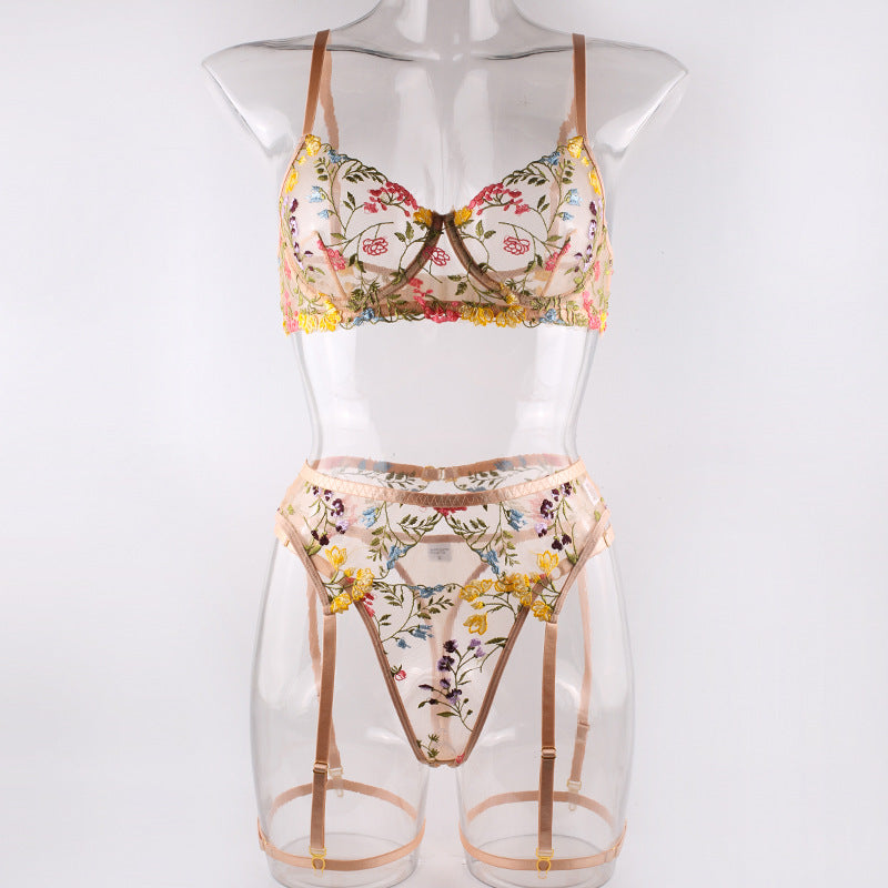New Flower Embroidery Lingerie Three-Piece Set
