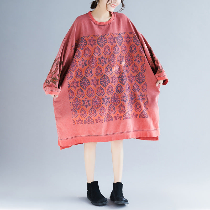Crew Neck Printed Sweatshirt Dress