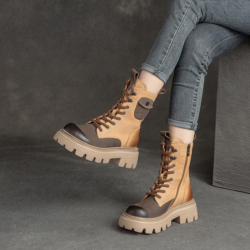 Women Retro Color Matching Patchwork Leather Combat Boots Newgew Shoes