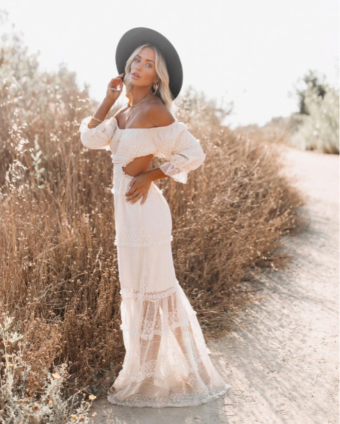 Seychelles – Gesmoktes Maxikleid mit Stufendesign – Creme