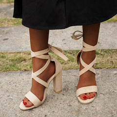 Lace Up High Heeled Sandals Chunky Block Ankle Tie Strap Heels Pairmore
