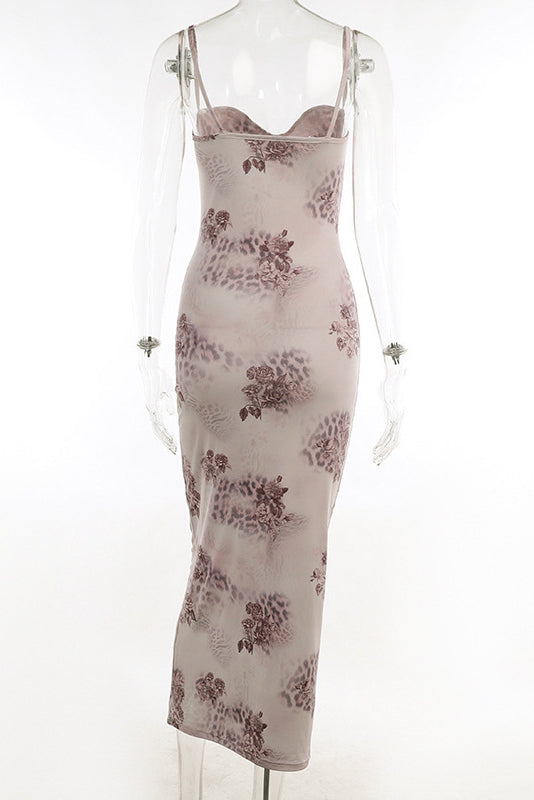 Sweetheart Bodycon Lace Mesh Sleeveless Printed Maxi Dress - Floral