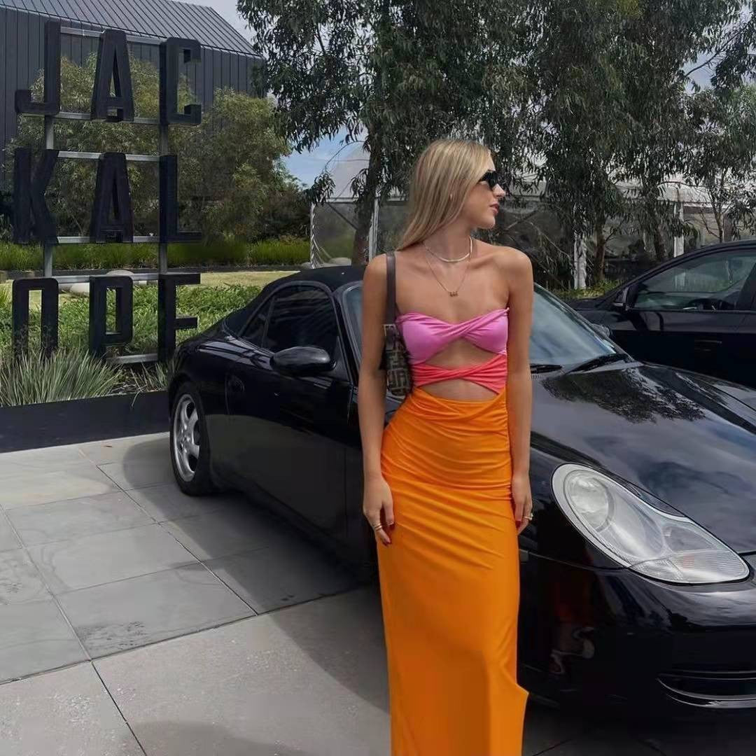 Suspender V-neck Hollow Out Sexy Satin Dress