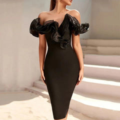 Off Shoulder Pleated Midi Backless Bodycon Dress