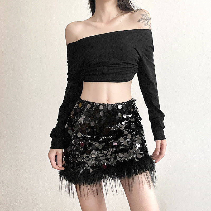 Glitter Women Sequin Feather Tassel Mini Skirt InsStreet