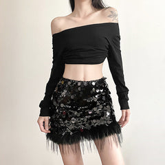 Glitter Women Sequin Feather Tassel Mini Skirt InsStreet