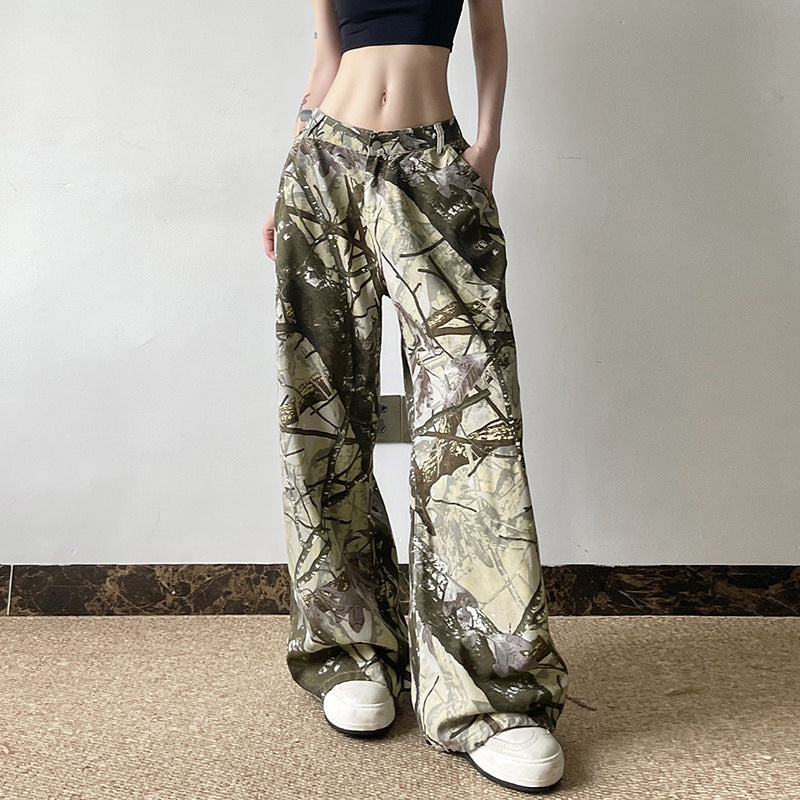 Printed Loose Casual Straight Low Rise Cargo Trousers