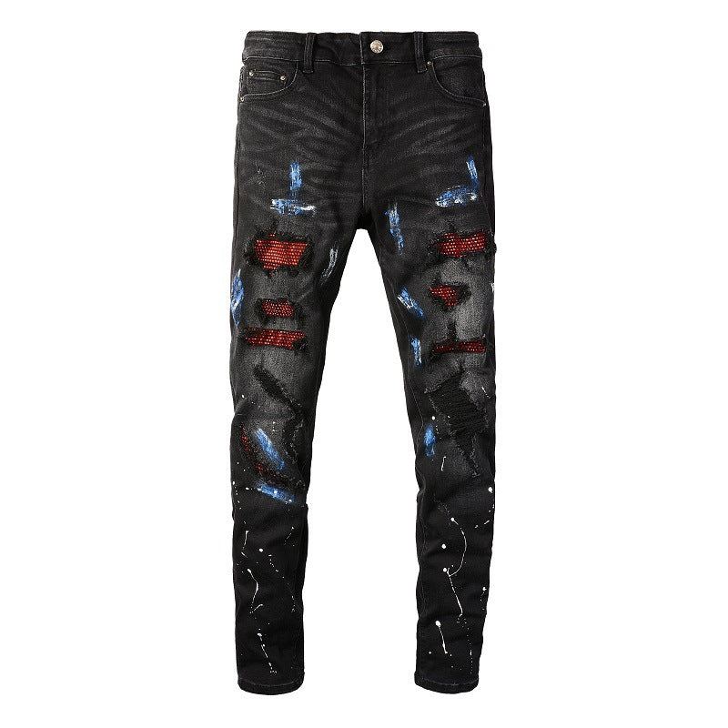 Schwarze Jeans mit Farbspritzer-Print