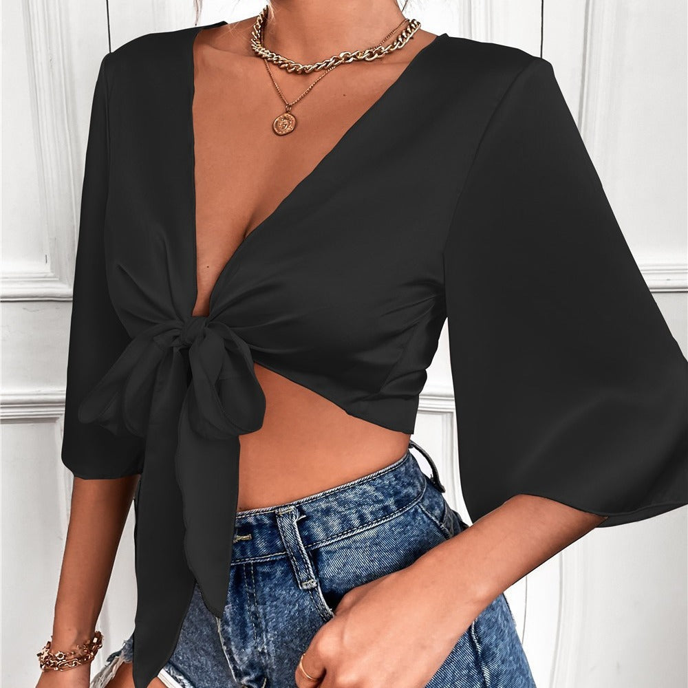 Lisandro Tie Front Kimono Crop Top - White Ins Street