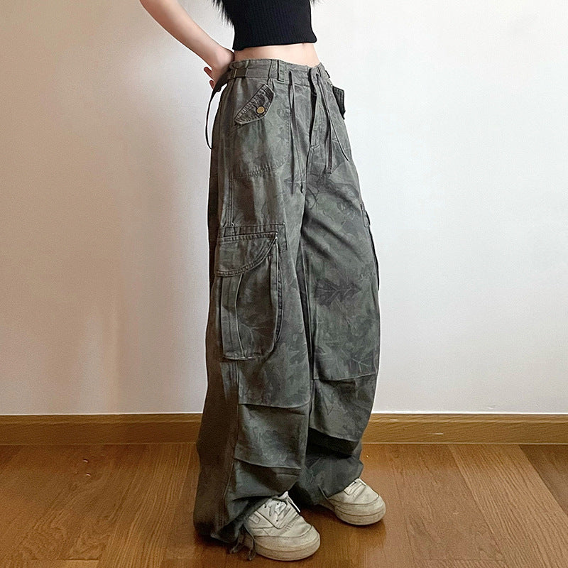 Printed Loose Casual Straight Low Rise Cargo Trousers